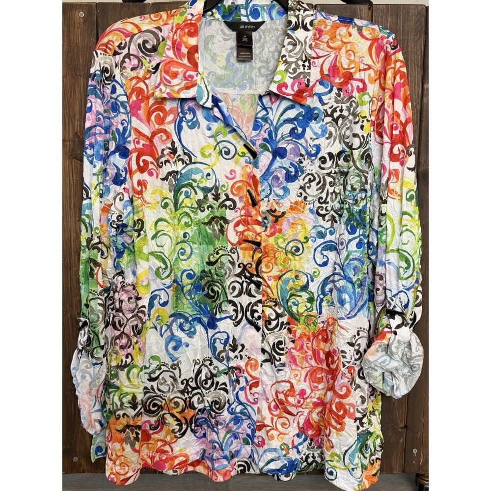ALI MILES 2X Tunic Blouse Button Down Roll Tab Long Sleeve Womens NWOT
